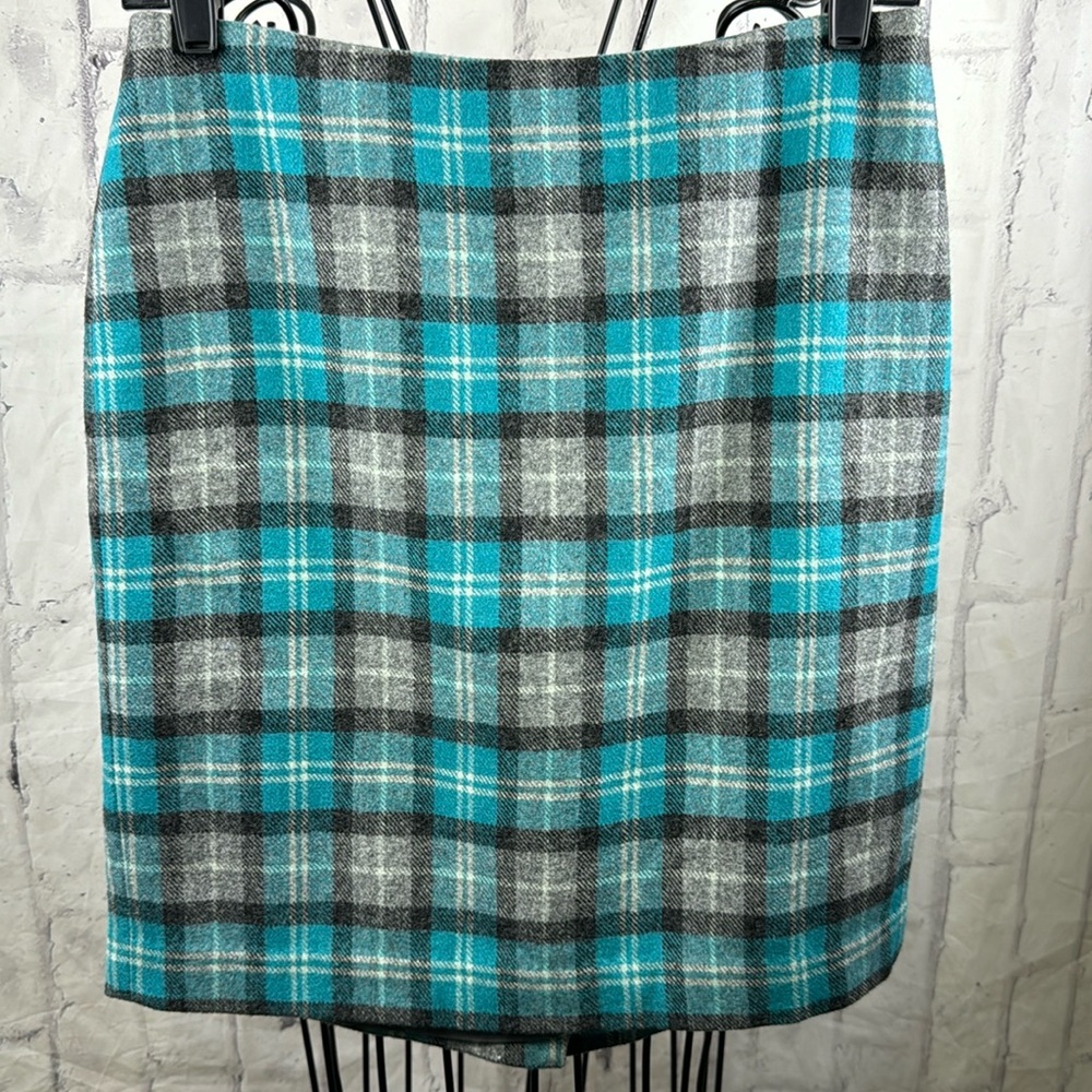 Talbots Plaid Pencil Skirt Wool Blend NWT Turquoise and Grey Fully Lined